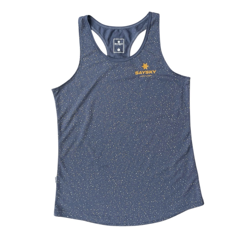 Rare! Saysky Running Singlet Speckled Blue w/ Gold Star logo Tank Top Small